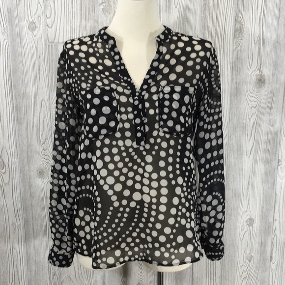 NY collection black & white polka dot sheer blouse size large - Picture 1 of 11